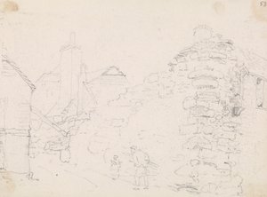 Skiss över stenstugor i en by av Capt. Thomas Hastings