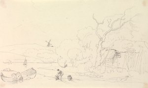 Skiss av en stuga vid floden med en väderkvarn i fjärran av Capt. Thomas Hastings