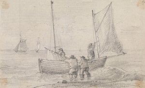 Skiss av en grupp som förbereder seglen nära stranden, Hastings av Capt. Thomas Hastings
