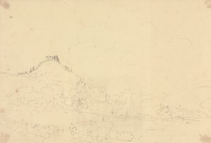 Skiss av ett slott på kulle med hus nedan av Capt. Thomas Hastings