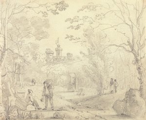 Skiss av en parkscen med East Cowes Castle i fjärran, Isle of Wight