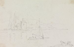 Skiss av en segelbåt och en byggnad på stranden av Capt. Thomas Hastings