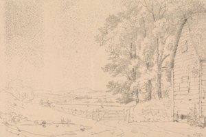 Skiss av en byggnad med halmtak och en flod bortom av Capt. Thomas Hastings