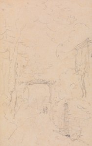 Skiss av en trädkantad väg och bro, Shorwell av Capt. Thomas Hastings