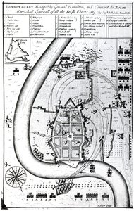 Londonderry Belägrad av general Hamilton och Conrad de Rosen, graverad av J. Sturt, 1689 av Captain Archibald Maculloch