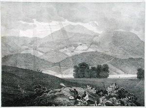 Utsikt över en del av sjön och stugorna vid Ottacamund, Neelgherry Mountains, skylt 3 från View of the Neilgherries, eller Blue Mountains of Coimbetoor, Southern India av kapten McCurdy, publicerad 1830 (li av Captain E. A. after McCurdy