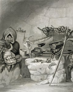 Interiör i en eskimåernas snöhytt, Winter Island 1822, graverad av Edward Francis Finden (1791-1857), publicerad av John Murray, 1824.