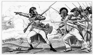 Frivilliga i sabot vid slaget vid Valmy den 20 september 1792, illustration från "Histoires de la Revolution Francoise" av Louis Blanc, graverad av S. Krakow. av Caran d Ache