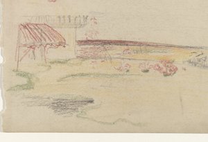 Trädgård bakom ett hus med markis av Carel Adolph Lion Cachet