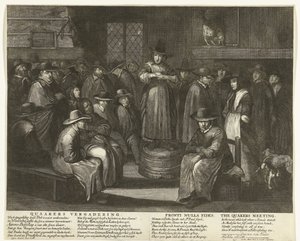 Tecknad film om de engelska kväkarna, ca 1656 Quaaker Meeting / Fronti Nulla Fides / The Quakers Meeting (titel på objekt)