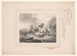 Bonde med sina djur på flykt från en orkan The Hurricane (titel på objekt) av Carel Christiaan Antony Last