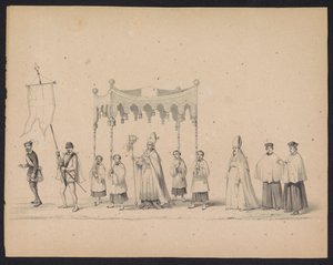 Masquerade of the Utrecht Students, 1846 (Plåt 10) Skildring av den kostymklädda processionen, föreställande Filip II, Prins av Spaniens procession i Utrecht, 3 oktober 1549, hållen 17 juni 1846 av H.H. Studenter av Utrechtsche av Carel Christiaan Antony Last