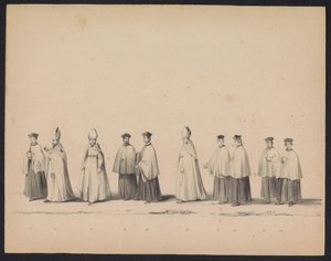 Utrechtstudenternas maskerad, 1846 (skylt 11) Skildring av den kostymklädda processionen, föreställande Filip II, Prins av Spaniens procession i Utrecht, 3 oktober 1549, hållen 17 juni 1846 av H.H. Studenter av Utrechtsche av Carel Christiaan Antony Last