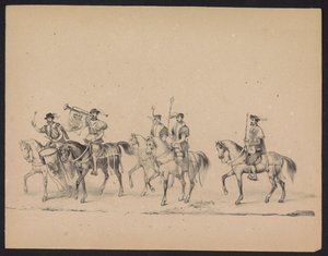 Utrecht-studenternas maskerad, 1846 (skylt 13) Bild av den kostymklädda processionen, som representerar Filip II, prins av Spaniens intåg i Utrecht, den 3 oktober 1549, hölls den 17 juni 1846 av H.H. Studenter vid Utrechtsche av Carel Christiaan Antony Last