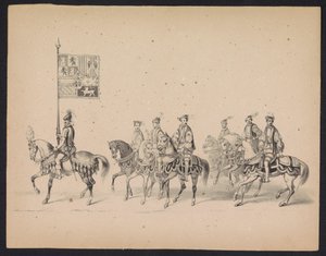 Masquerade of the Utrecht Students, 1846 (skylt 15) Skildring av den kostymklädda processionen, föreställande Filip II, Prins av Spaniens procession i Utrecht, 3 oktober 1549, hållen 17 juni 1846 av H.H. Studenter vid Utrechtsche av Carel Christiaan Antony Last