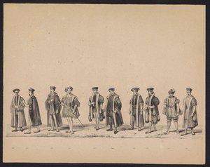 Masquerade of the Utrecht Students, 1846 (skylt 19) Skildring av den kostymklädda processionen, föreställande Filip II, Prins av Spaniens procession i Utrecht, 3 oktober 1549, hållen 17 juni 1846 av H.H. Studenter vid Utrechtsche av Carel Christiaan Antony Last