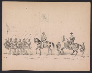 Masquerade of the Utrecht Students, 1846 (Plåt 2) Skildring av den kostymklädda processionen, föreställande Filip II, Prins av Spaniens procession i Utrecht, 3 oktober 1549, hållen 17 juni 1846 av H.H. Studenter av Utrechtsche av Carel Christiaan Antony Last