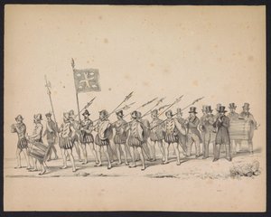Utrechtstudenternas maskerad, 1846 (Plåt 22) Skildring av den kostymklädda processionen, föreställande Filip II, Prins av Spaniens procession i Utrecht, 3 oktober 1549, hållen 17 juni 1846 av H.H. Studenter vid Utrechtsche av Carel Christiaan Antony Last
