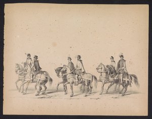 Masquerade of the Utrecht Students, 1846 (skylt 5) Skildring av den kostymklädda processionen, föreställande Filip II, Prins av Spaniens procession i Utrecht, 3 oktober 1549, hållen 17 juni 1846 av H.H. Studenter av Utrechtsche av Carel Christiaan Antony Last