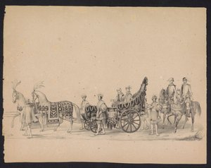 Utrecht-studenternas maskerad, 1846 (skylt 8) Bild av den kostymklädda processionen, som representerar Filip II, prins av Spaniens intåg i Utrecht, den 3 oktober 1549, hölls den 17 juni 1846 av H.H. Studenter vid Utrechtsche av Carel Christiaan Antony Last