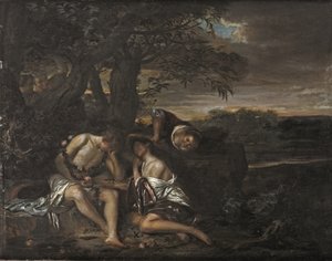 Ett sovande par, upptäckt av tre kvinnor i ett arkadiskt landskap (olja på panel) av Carel De Moor II (attr. to)