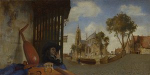En utsikt över Delft, med ett stall för säljare av musikinstrument, 1652