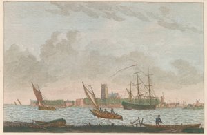 Dordrecht från Merwede, ca 1790 Dordrecht van de Merwe på displayen / La ville Dordrecht - prize du coté dela riviere dite la Merwe (titel på objekt)
