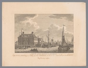 Utsikt över Nieuwe Stadsherberg på IJ i Amsterdam Nytt stadsvärdshus i Amsterdam (titel på objekt) av Carel Frederik Bendorp (I)