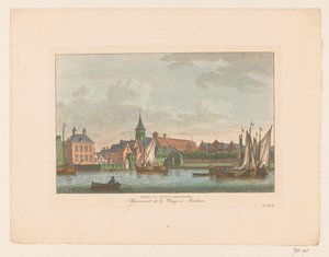 Utsikt över kyrkan i östra Zaandam Kyrka i östra Zaandam / Arrivement de la Barge à Sardam (titel på objekt) av Carel Frederik Bendorp (I)