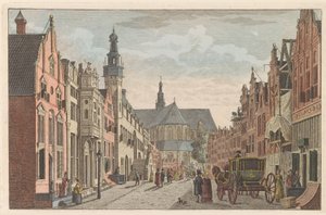 Langestraat i Alkmaar, ca 1790 Langestraat, Rådhuset och Grote Kerk i Alkmaar / Rue longue - Hotel de Ville - et grande Eglise à Alkmaar (titel på objektet)