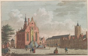 Marknad och rådhus i Schiedam, ca 1790 Marknaden och stadshuset i Schiedam / Marché et hotel de ville à Schiedam (titel på objektet) av Carel Frederik Bendorp (I)