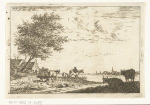 Flodlandskap med bonde och kor på gården Landskap (serietitel) av Carel Frederik Bendorp (I)