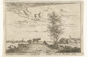 Titeltryck med flodlandskap med kor Landskap (serietitel) av Carel Frederik Bendorp (I)