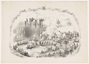 Tecknad serie som skildrar Thorbeckes planer på att avskaffa Utrecht University of Applied Sciences, 1863 En kamp mellan två kraftfulla element (titel på objekt) av Carel Hendrik Thiebout