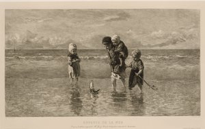 Fyra barn leker med en leksaksbåt på stranden i grunt havsvatten Havets barn Enfants de la mer (titel på objekt) av Carel Lodewijk Dake