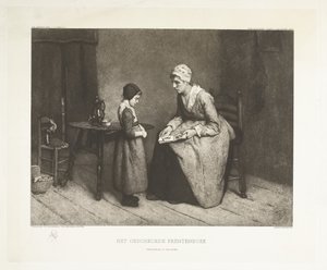 Kvinna skäller ut en flicka över en tår i hennes bilderbok The Torn Picture Book (titel på objekt) av Carel Lodewijk Dake