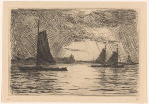 Utsikt över Maas nära Dordrecht på natten av Carel Nicolaas Storm van 