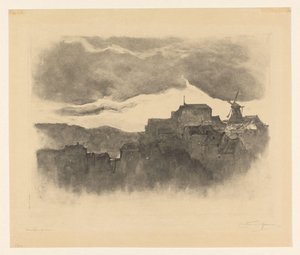 Stad med en kvarn på en kulle av Carel Nicolaas Storm van 