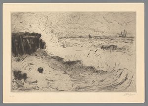 Vilda hav med ett segelfartyg vid en brygga av Carel Nicolaas Storm van 