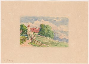 Oberbozen, en smal väg leder till en kyrka på en bergssluttning