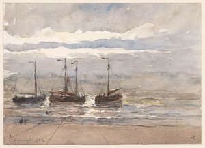 Fiskefartyg på stranden i Katwijk vid stigande tidvatten av Carel Nicolaas Storm van 
