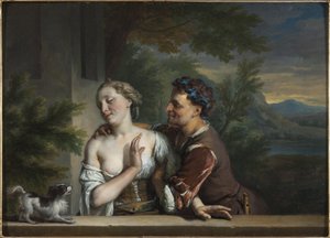 En man som försöker omfamna en kvinna, av Carel (Charles) de Moor (1656-1738). Olja på duk. Mått: 33,5x47cm. Nationalmuseum Stockholm