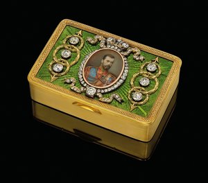 En kejserlig presentation av snusdosa, med en miniatyr i akvarell på elfenben av kejsar Nicholas II, ca. 1890 (guld och guillocherad emalj, akvarell på elfenben)
