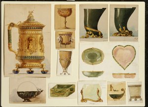 Urval av mönster, House of Carl Faberge (penna och akvarell förhöjda med vitt och guld på kort)