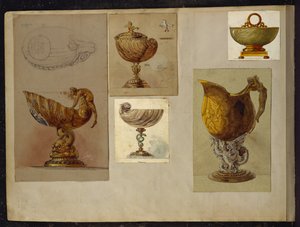 Urval av mönster, House of Carl Faberge (penna och akvarell förhöjda med vitt och guld på kort)