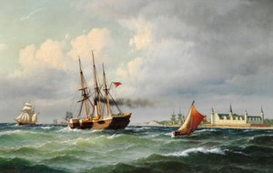 Danska: Havslandskap utanför Kronborg med många fartyg och en lotsbåt Havslandskap utanför Kronborg med många fartyg och en lotsbåt av Carl Bille