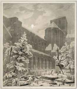 Kyrka och kyrkogård i snön vid månsken av Carl Blechen