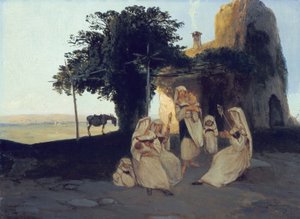 Spinnande kvinnor i Cervara av Carl Blechen
