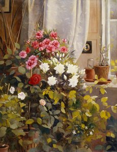 Azaleor, pelargoner, rosor och andra krukväxter vid ett fönster av Carl Christian Carlsen