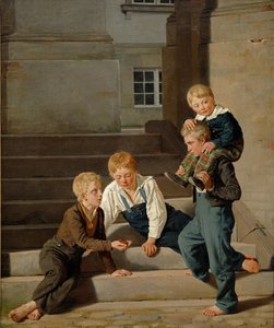 Unga pojkar spelar tärning framför Christiansborgs slott, Köpenhamn, 1834 av Carl Christian Constantin Hansen